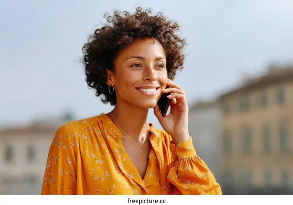 Happy Woman Talking on Mobile Phone Outdoors