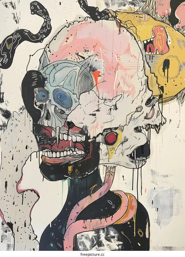 Abstract Skull Illustration with Snake and Teeth