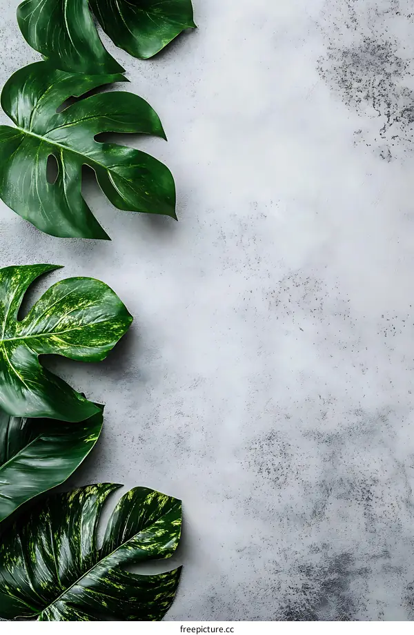 Green Tropical Leaves on Grey Background