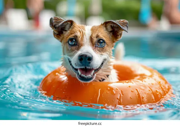 A happy dog playing with a float in a swimming pool