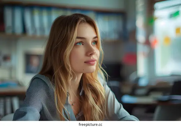 Young Woman Sitting In A Office Looking Up