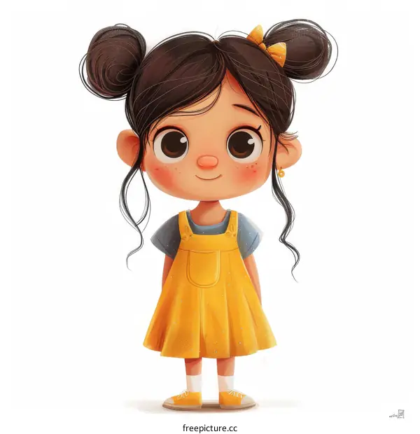 Cute cartoon girl with brown hair and blue eyes wearing a yellow dress