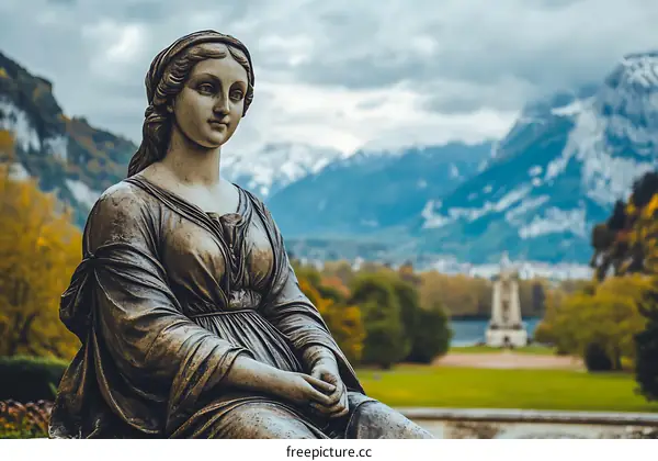 Stone Statue of Woman in Front of Mountains