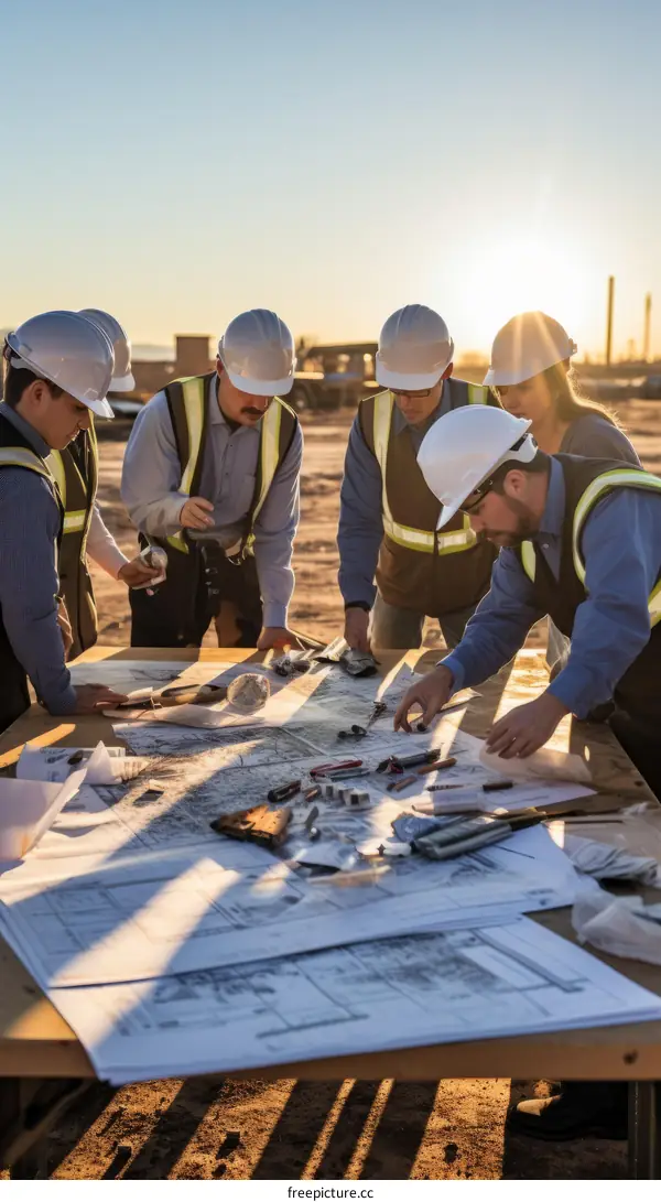 Construction workers discussing plans at a construction site