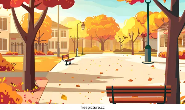 Autumn Park Illustration with Two Benches and Streetlights