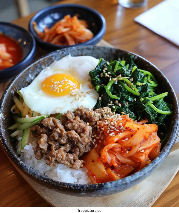 Korean Food Bibimbap with Rice, Beef, Egg and Vegetables