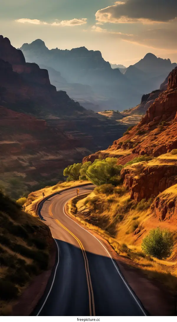 The road winds through a canyon