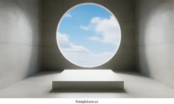 Round Window in Concrete Room with Blue Sky and Clouds