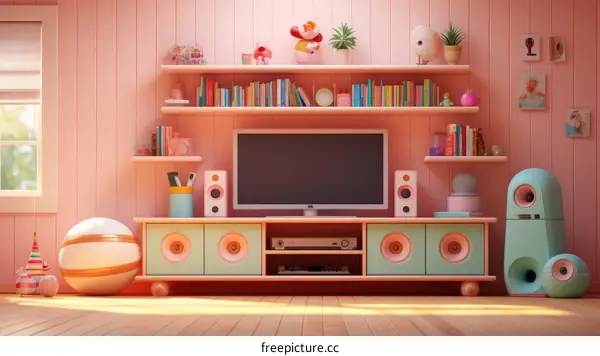 A cozy living room with a TV, bookshelves, and a large pink ball