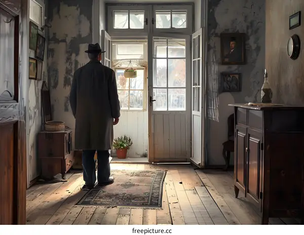 Old Man Standing in an Abandoned House, Looking out of an Open Door