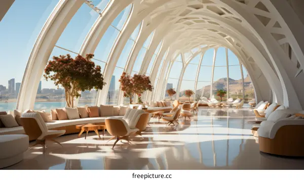 Modern interior space with large windows and comfortable furniture