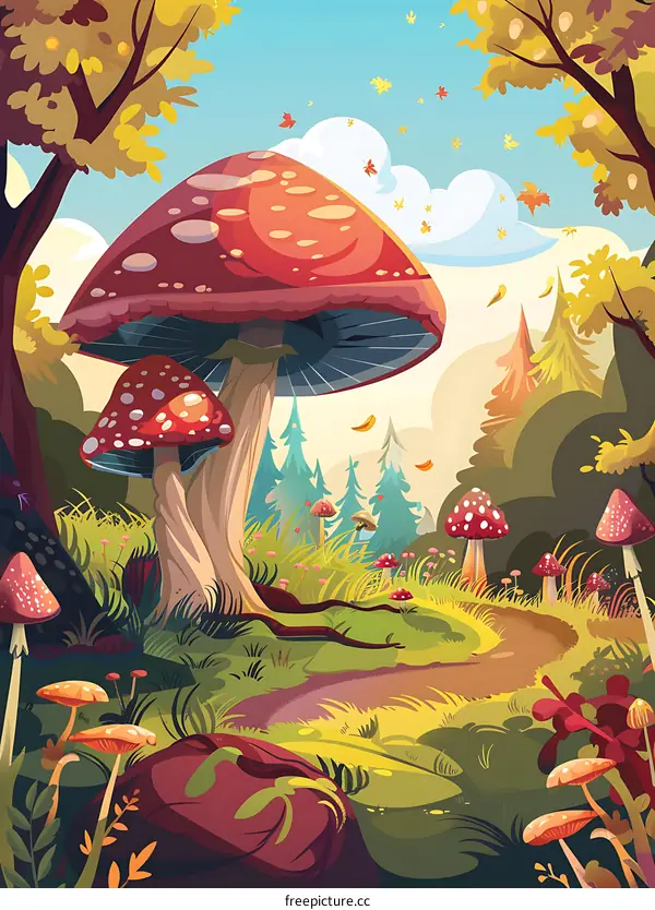Autumn Forest Landscape with Large Red Mushroom