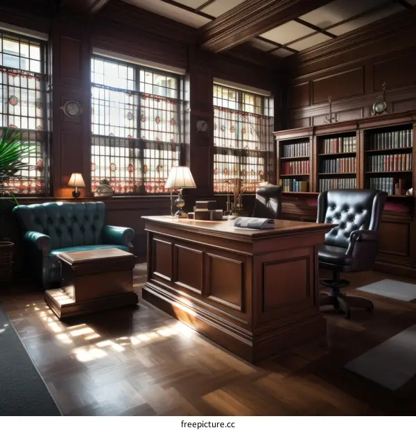Vintage Office Interior with Large Desk and Bookcases