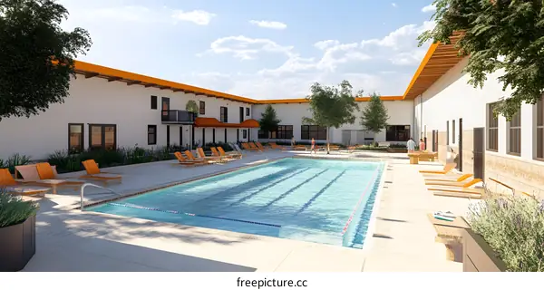Outdoor Swimming Pool with Loungers and Buildings