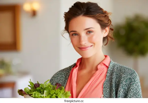 Woman Holding Fresh Salad Indoor Portrait
