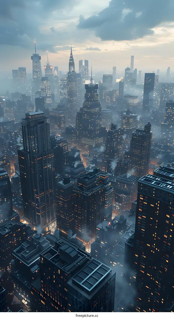 A birds eye view of skyscrapers in downtown New York City