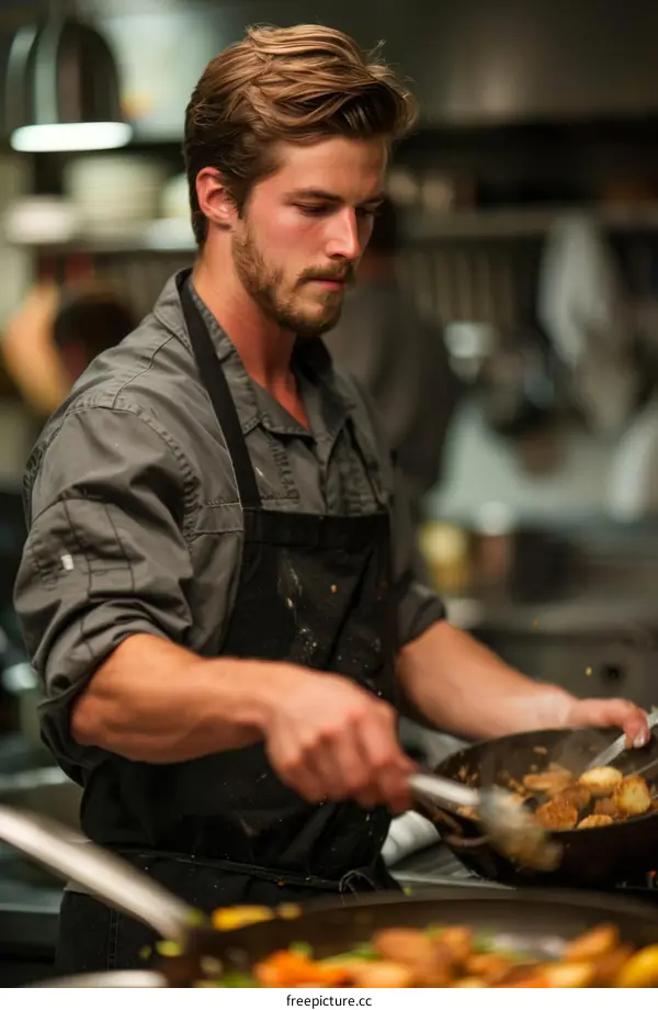 Focused male chef cooking in a commercial kitchen