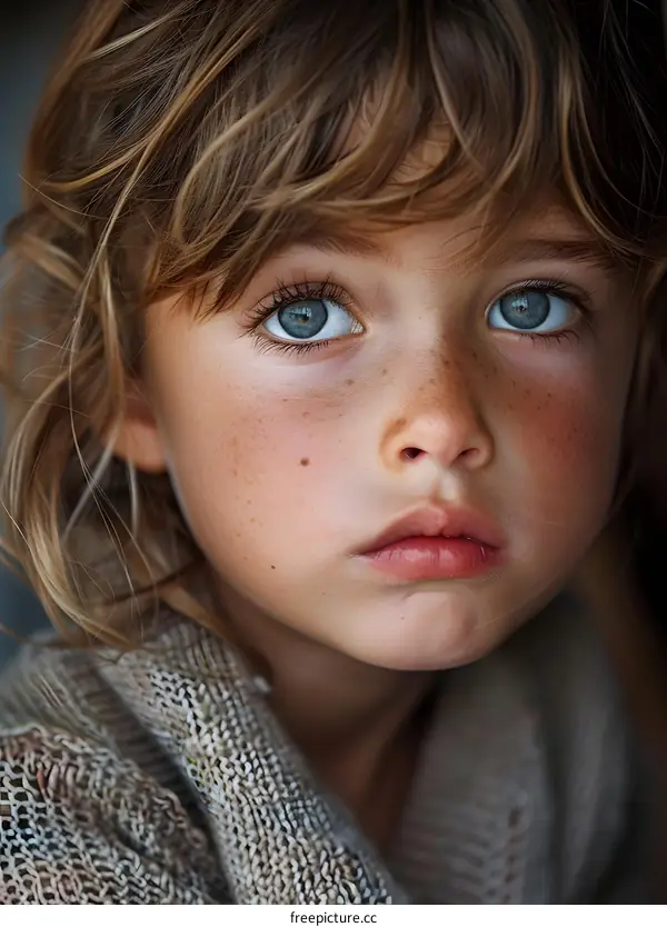 Portrait of a young girl with freckles and blue eyes