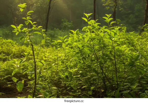 Green plants bask in the morning sun in the forest