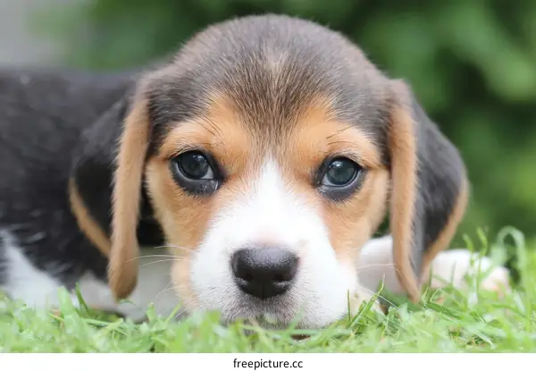 Cute Beagle Puppy Close-up in Grass