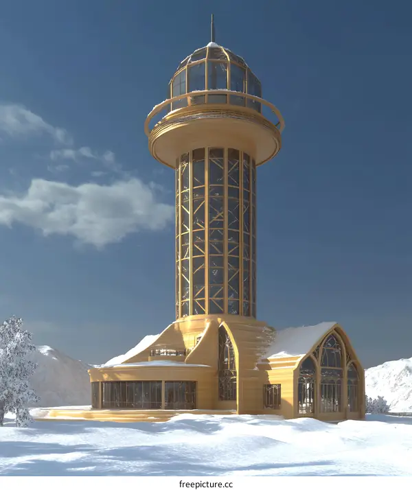 Wooden Tower with Glass Windows in Winter Scenery