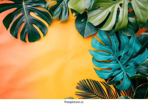 Tropical Green Leaves on a Yellow Background