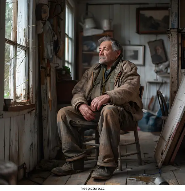 An old man sits in a chair in a rustic room