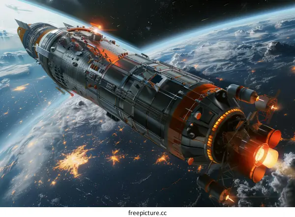 Spaceship in orbit above the Earth