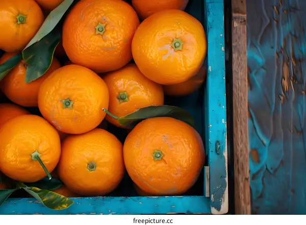 Fresh Oranges in a Blue Crate