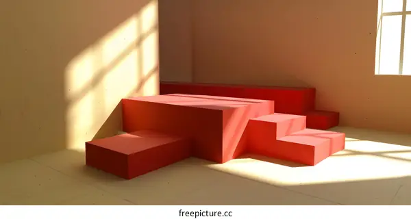 Red Geometric Shapes in Minimalist Room with Sunlight