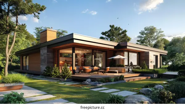 Modern Home Exterior with Large Glass Windows and Deck