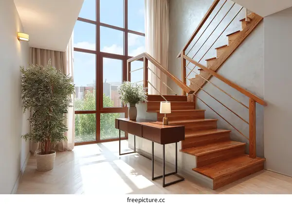 Modern Wooden Staircase with Large Windows