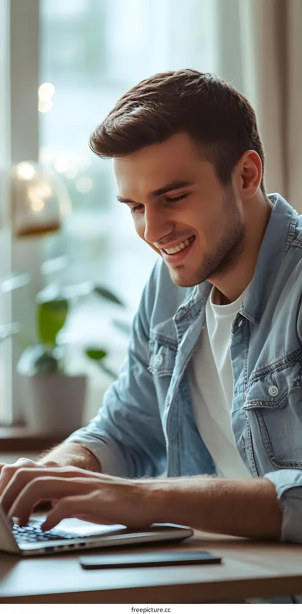 Smiling Man Working on Laptop at Home Office