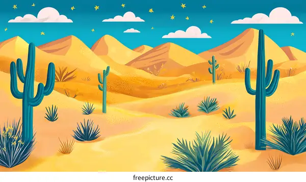 Desert Landscape with Cacti and Stars