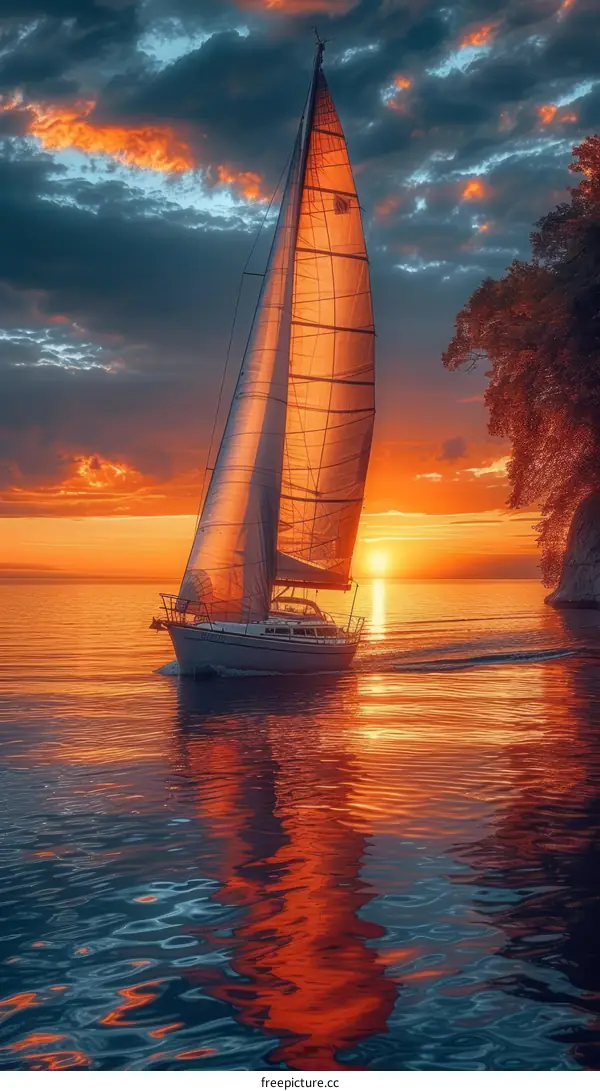 sailboat on calm water with orange sky and clouds