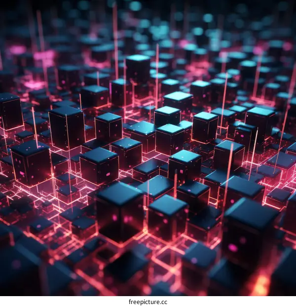 A glowing network of interconnected cubes representing data and technology