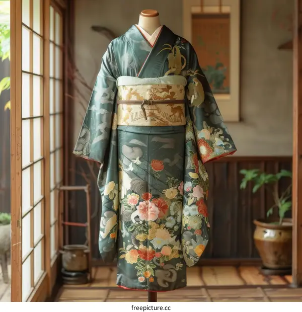 A kimono with a floral pattern and a green background