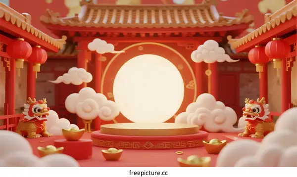 Traditional Chinese New Year Festival Stage with Decorations and Lions
