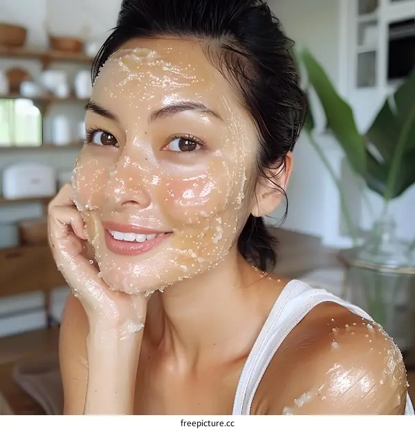 portrait of a woman with a facial scrub on her face