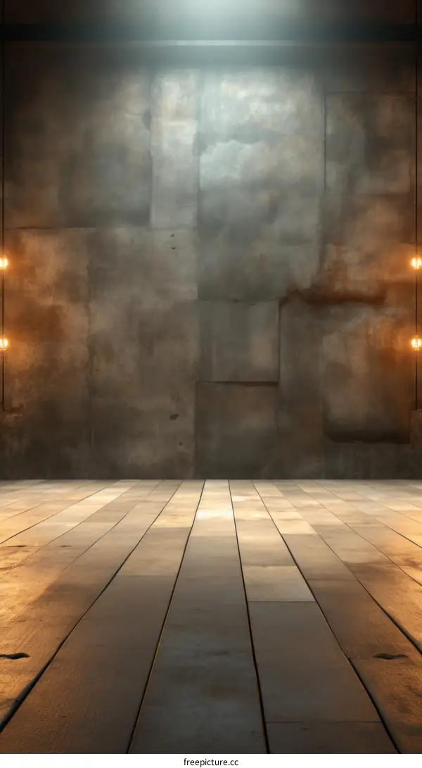 Spotlight on grunge concrete wall and wooden floor background