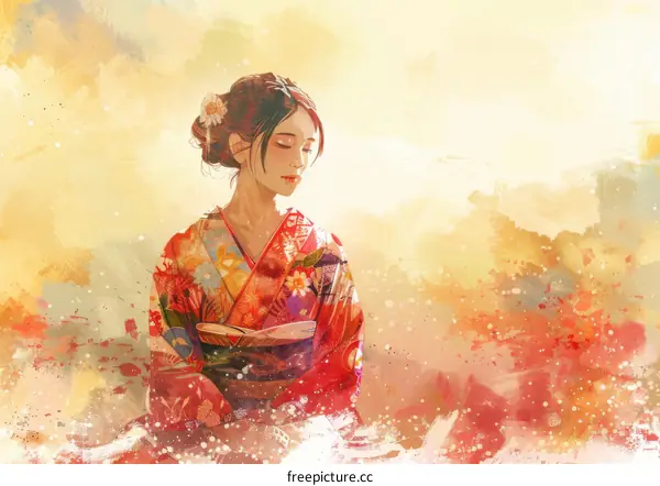 An illustration of a Japanese woman wearing a kimono