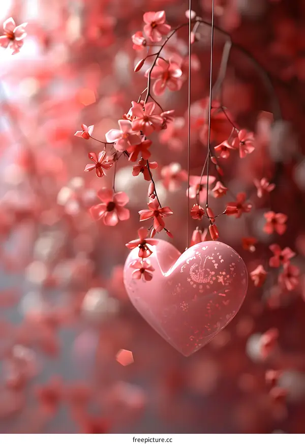 A pink heart-shaped pendant hanging from a cherry blossom tree