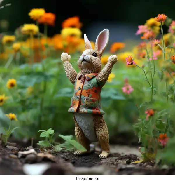 A ceramic rabbit figurine standing in a garden of flowers