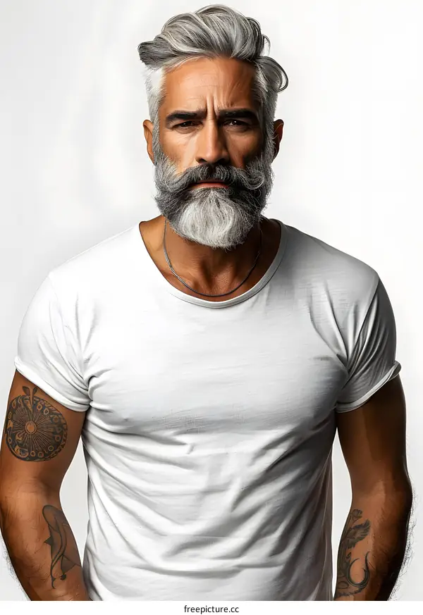 Portrait of a Handsome Man with Grey Hair and Beard