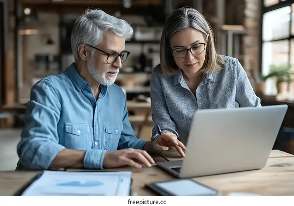 Two Adults Working on Laptop at a Wooden Table