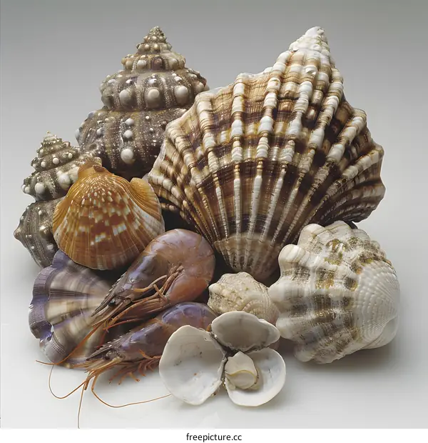 A variety of seashells and crustaceans