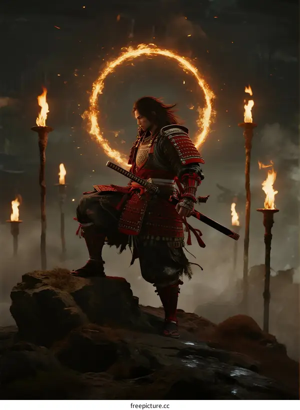 Samurai standing on rock with fire circle glowing behind