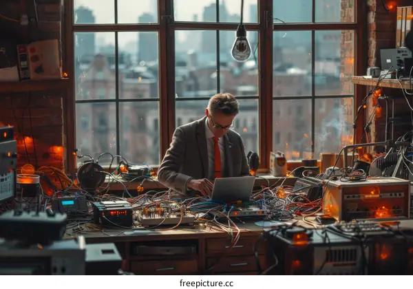 Male electrical engineer working on a project in his home workshop.