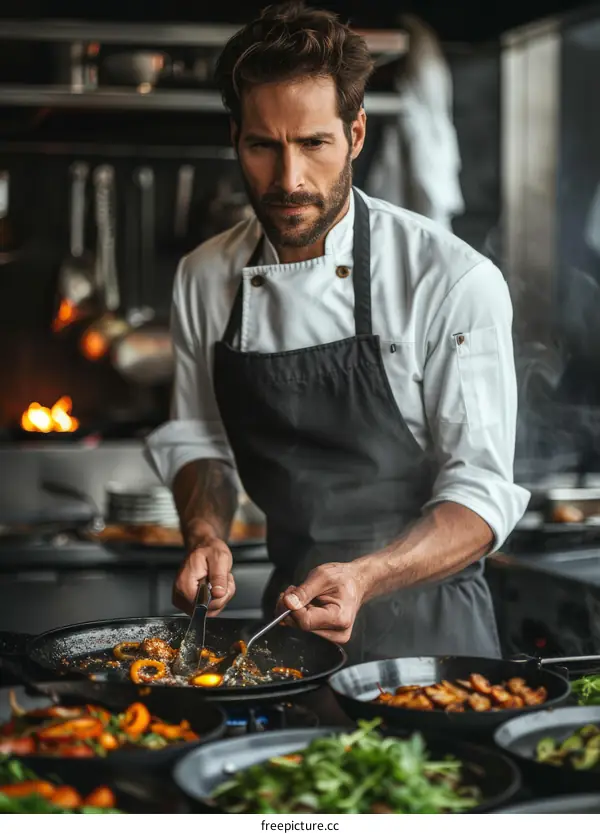Focused male chef cooking in a restaurant kitchen
