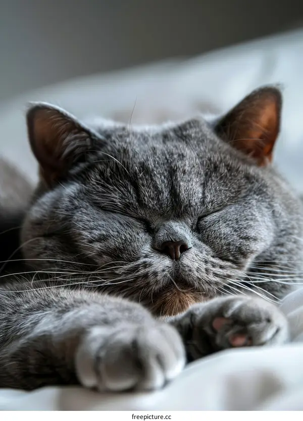 A gray cat is sleeping on a white blanket